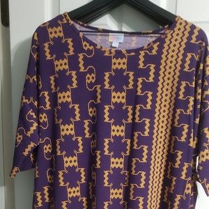 TETRIS VIBES...NWT, LULAROE, XL, IRMA TUNIC TOP, PURPLE WITH GOLDEN YELLOW...